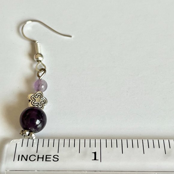 Lavender Purple Amethyst Bead Earrings Silver Plated Flower Dangle Semiprecious - Picture 6 of 7